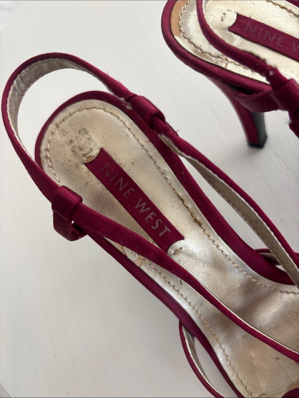Nine West Burgundy Satin Strappy Slingback Heels - Picture 2 of 4